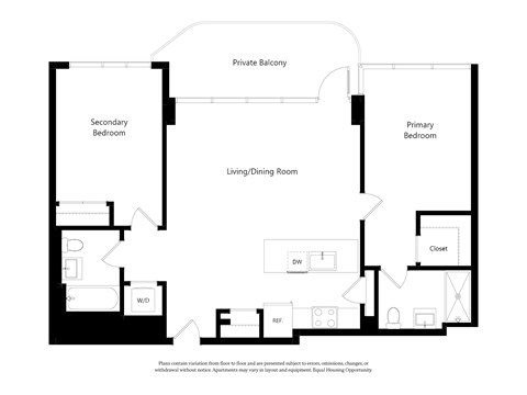 Floor plan for 2 beds, 2 baths, 1048 sqft